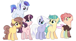 Size: 2500x1348 | Tagged: safe, artist:enifersuch, derpibooru import, oc, oc only, draconequus, earth pony, pegasus, unicorn, draconequus oc, earth pony oc, eyelashes, female, flying, group, hoof on chest, horn, mare, pegasus oc, simple background, smiling, transparent background, unicorn oc