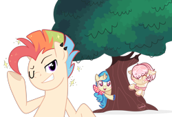 Size: 2880x1953 | Tagged: safe, artist:khimi-chan, derpibooru import, oc, oc only, ear piercing, female, hiding, male, mare, multicolored hair, one eye closed, piercing, rainbow hair, simple background, smiling, stallion, transparent background, tree, wink