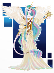 Size: 1024x1382 | Tagged: safe, artist:moryartix, derpibooru import, princess celestia, alicorn, anthro, abstract background, clothes, dress, female, horn, leonine tail, smiling, solo, tail, wings