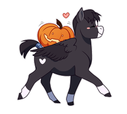 Size: 1125x1009 | Tagged: safe, artist:royvdhel-art, derpibooru import, oc, oc only, pegasus, pony, blush sticker, blushing, colored hooves, commission, eyes closed, halloween, heart, holiday, jack-o-lantern, pegasus oc, pumpkin, simple background, smiling, transparent background, wings, ych result