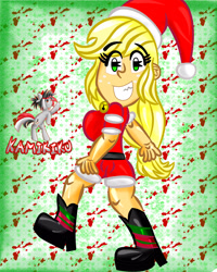 Size: 2400x3000 | Tagged: safe, artist:kamikiku, derpibooru import, applejack, human, equestria girls, christmas, clothes, female, santa hat, solo, watermark