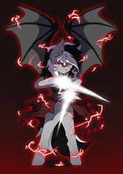 Size: 2481x3507 | Tagged: safe, artist:arctic-fox, derpibooru import, oc, oc:stormdancer, bat pony, pony, undead, vampire, vampony, armor, badass, bat pony oc, bat wings, bipedal, dark form tier 2, electricity, looking at you, male, spirit sword, stallion, wings