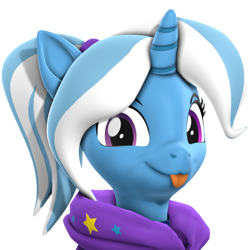 Size: 2160x2160 | Tagged: safe, artist:xppp1clubs, derpibooru import, trixie, pony, unicorn, 3d, alternate hairstyle, babysitter trixie, clothes, cute, diatrixes, eyelashes, female, hairband, hoodie, horn, looking at you, mare, mlem, silly, simple background, smiling, smiling at you, solo, source filmmaker, tongue, tongue out, transparent background