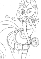 Size: 834x1200 | Tagged: safe, artist:sepiakeys, derpibooru import, rarity, anthro, clothes, duster, maid, monochrome, sketch, solo