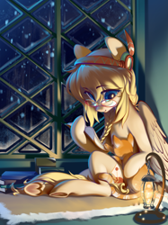 Size: 2048x2732 | Tagged: safe, artist:blue ink, derpibooru import, oc, oc only, oc:pear warbler, cat, pegasus, pony, book, braid, chandelier, glasses, lantern, night, reading, sitting, snow, snowfall, underhoof, window