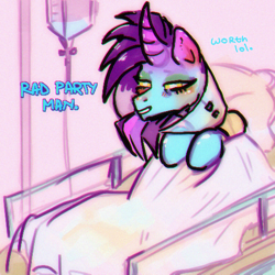 Size: 500x500 | Tagged: safe, artist:bunchi, derpibooru import, oc, oc:acid pecks, pony, unicorn, colorful, drugs, hospital, sleepy, solo