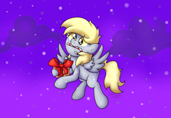 Size: 5354x3673 | Tagged: safe, artist:background basset, derpibooru import, derpy hooves, pegasus, pony, candy, candy cane, flying, food, night, present, snow, solo, spread wings, wings