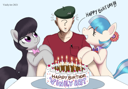 Size: 937x655 | Tagged: safe, artist:vinilyart, derpibooru import, dj pon-3, octavia melody, vinyl scratch, oc, oc:anon, earth pony, pony, cake, eyes closed, food, open mouth