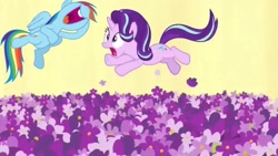 Size: 1080x608 | Tagged: safe, derpibooru import, edit, edited screencap, screencap, rainbow dash, starlight glimmer, pegasus, pony, unicorn, a royal problem, season 7, duo, female, flower, flower field, flying, laughing, mare, open mouth, shocked