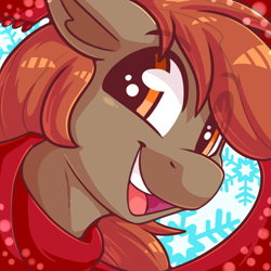 Size: 2000x2000 | Tagged: safe, artist:graphene, derpibooru import, oc, oc only, oc:winterlight, pony, clothes, cute, eyebrows, eyebrows visible through hair, female, happy, holiday, male, profile picture, scarf, snow, snowflake, solo, stallion
