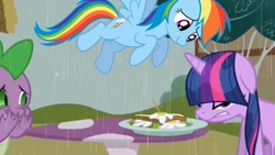 Size: 1080x608 | Tagged: safe, derpibooru import, edit, edited screencap, screencap, rainbow dash, spike, twilight sparkle, the ticket master, daffodil and daisy sandwich, rain