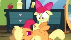 Size: 1080x608 | Tagged: safe, derpibooru import, edit, edited screencap, screencap, apple bloom, applejack, bloom and gloom, season 5