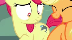 Size: 1080x608 | Tagged: safe, derpibooru import, edit, edited screencap, screencap, apple bloom, applejack, bloom and gloom, season 5