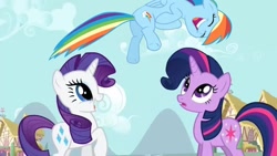 Size: 1080x608 | Tagged: safe, derpibooru import, edit, edited screencap, screencap, rainbow dash, rarity, twilight sparkle, pegasus, pony, unicorn, season 2, the cutie pox, butt, female, mare, plot