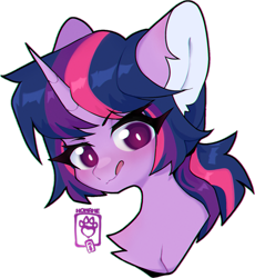 Size: 1199x1301 | Tagged: safe, artist:murm-i, derpibooru import, twilight sparkle, pony, unicorn, collaboration, blushing, bust, chest fluff, collaboration:too many twilight, ear fluff, ears, female, mare, portrait, simple background, solo, tongue, tongue out, transparent background