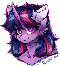 Size: 1240x1358 | Tagged: safe, artist:rico_chan, derpibooru import, twilight sparkle, anthro, unicorn, collaboration, bust, cheek fluff, collaboration:too many twilight, ear fluff, ears, female, looking at you, mare, portrait, simple background, smiling, smiling at you, solo, transparent background