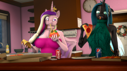 Size: 3840x2160 | Tagged: safe, artist:donglysfm, derpibooru import, princess cadance, queen chrysalis, alicorn, anthro, changeling, changeling queen, plantigrade anthro, 3d, 4k, backless, bepis, big breasts, breasts, clothes, conk, disgusted, eating, female, food, high res, kitchen, open-back sweater, peetzer, pizza, princess cansdance, queen chrysaltits, revamped anthros, sleeveless, sleeveless sweater, source filmmaker, sweater, that pony sure does love pizza, tongue, tongue out, virgin killer sweater