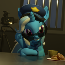 Size: 3840x3840 | Tagged: safe, artist:xppp1clubs, derpibooru import, trixie, pony, unicorn, 3d, camcorder, donut, eyelashes, female, food, horn, looking at you, mare, police, police hat, police officer, smiling, smiling at you, solo, sunglasses, table