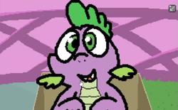 Size: 503x311 | Tagged: safe, artist:pokehidden, derpibooru import, spike, banned from equestria daily, box, carousel boutique, game, smiling