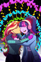 Size: 1280x1920 | Tagged: safe, artist:littletigressda, derpibooru import, sci-twi, sunset shimmer, twilight sparkle, equestria girls, clothes, earmuffs, eyes closed, female, happy, jacket, lesbian, mittens, night, open mouth, open smile, ponytail, scitwishimmer, shipping, skirt, smiling, snow, sunsetsparkle