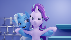 Size: 3840x2160 | Tagged: safe, artist:xppp1n, starlight glimmer, trixie, pony, unicorn, 3d, angry, blender, blender cycles, duo, ears, female, floppy ears, frown, lidded eyes, mare, open mouth, raised hoof, raised leg, scene interpretation, smiling, smug, spoon, table, trixie's puppeteering, unamused