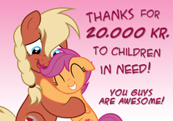 Size: 1275x895 | Tagged: safe, artist:askvalkyria, scootaloo, oc, oc:valkyria, charity, danish bronies, duo, hug