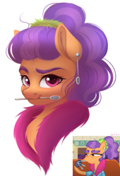 Size: 1325x1946 | Tagged: safe, artist:vetta, derpibooru import, screencap, plaid stripes, earth pony, pony, ear piercing, earring, female, jewelry, looking at you, mouth hold, piercing, screencap reference, smiling, solo, spoon, teenager