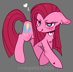 Size: 776x762 | Tagged: safe, artist:computershits, derpibooru exclusive, derpibooru import, pinkie pie, earth pony, pony, blushing, chest fluff, choker, female, freckles, heart, hoof heart, mare, pinkamena diane pie, simple background, solo, straight mane, watermark