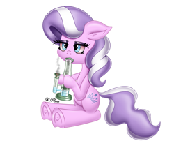 Size: 2223x1887 | Tagged: safe, artist:qlop, derpibooru import, diamond tiara, earth pony, pony, bong, drug use, drugs, female, filly, foal, high, lidded eyes, marijuana, simple background, sitting, smoke, smoking, solo, stoned, white background