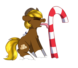 Size: 1640x1439 | Tagged: safe, artist:bluemoon, derpibooru import, oc, oc only, oc:acres, earth pony, pony, blonde, blonde mane, blonde tail, brown coat, candy, candy cane, chest fluff, coat markings, commission, cowboy hat, earth pony oc, eyes closed, food, male, open mouth, simple background, snow, socks (coat marking), solo, stallion, tongue, tongue out, tongue stuck to pole, white background, ych result