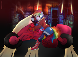 Size: 3850x2800 | Tagged: safe, artist:xpeachykawa, derpibooru import, rainbow dash, anthro, akira, clothes, female, frown, high res, motorcycle, socks, solo, stockings, teeth, thigh highs