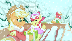 Size: 1920x1080 | Tagged: safe, artist:swordsmen, derpibooru import, apple bloom, applejack, big macintosh, earth pony, pony, apple siblings, apple sisters, brother and sister, christmas, cowboy hat, cute, day, female, fog, happy, hat, hearth's warming eve, holiday, logs, male, pine tree, present, siblings, sisters, smiling, snow, snowfall, teary eyes, tree