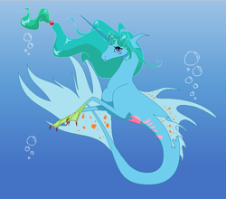 Size: 637x561 | Tagged: safe, artist:bambisparanoia, derpibooru import, oc, oc only, merpony, pony, seapony (g4), unicorn, blue background, blue eyes, bubble, crepuscular rays, dorsal fin, fins, fish tail, flowing mane, flowing tail, green mane, horn, long horn, ocean, seaponified, simple background, solo, species swap, sunlight, tail, underwater, water