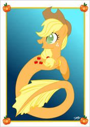 Size: 308x434 | Tagged: safe, artist:queenzora, derpibooru import, applejack, earth pony, hippocampus, merpony, pony, seapony (g4), applejack's hat, blue background, clothes, cowboy hat, crepuscular rays, female, fish tail, flowing tail, green eyes, hat, ocean, postcard, seaponified, seapony applejack, signature, simple background, smiling, solo, species swap, sunlight, tail, underwater, water, yellow mane