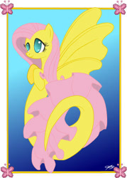 Size: 301x421 | Tagged: safe, artist:queenzora, derpibooru import, fluttershy, hippocampus, merpony, pegasus, pony, seapony (g4), blue background, crepuscular rays, dorsal fin, female, fin wings, fins, flowing mane, flowing tail, green eyes, ocean, pink mane, postcard, seaponified, seapony fluttershy, signature, simple background, smiling, solo, species swap, sunlight, tail, underwater, water, wings