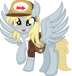 Size: 6555x6865 | Tagged: safe, artist:cyanlightning, derpibooru import, derpy hooves, pegasus, pony, .svg available, absurd resolution, blushing, cute, derpabetes, ear fluff, ears, female, hat, looking at you, mail, mailmare, mare, open mouth, open smile, side view, simple background, smiling, smiling at you, solo, spread wings, transparent background, vector, wings