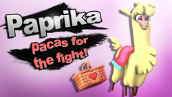 Size: 1280x720 | Tagged: safe, artist:pika-robo, derpibooru import, alpaca, them's fightin' herds, 3d, bad pun, basket, character reveal, community related, female, picnic basket, pun, simple background, smiling, source filmmaker, splash art, super smash bros., violet background