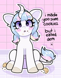 Size: 2991x3841 | Tagged: safe, artist:duckie, derpibooru import, cookie crumbles, oc, classical unicorn, pony, unicorn, blushing, cloven hooves, cookie, crumbs, diaper, eyebrows, eyebrows visible through hair, foal, food, leonine tail, looking at you, solo, tiled background, tiled floor, unshorn fetlocks