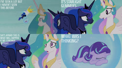 Size: 1280x720 | Tagged: safe, derpibooru import, edit, edited screencap, editor:quoterific, screencap, daybreaker, nightmare moon, princess celestia, princess luna, starlight glimmer, alicorn, pony, unicorn, a royal problem, season 7, crown, crying, eyes closed, female, flying, jewelry, mare, open mouth, regalia, spread wings, wings