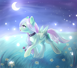 Size: 2579x2288 | Tagged: safe, artist:avonir, derpibooru import, oc, oc only, pegasus, pony, choker, commission, crescent moon, female, mare, moon, night, outdoors, pegasus oc, smiling, solo, stars, transparent moon, ych result