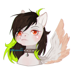 Size: 1000x996 | Tagged: safe, artist:qawakie, derpibooru import, oc, oc only, pegasus, pony, bust, choker, pegasus oc, simple background, solo, spiked choker, white background, wings