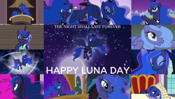 Size: 1280x721 | Tagged: safe, derpibooru import, edit, edited screencap, editor:quoterific, screencap, princess luna, alicorn, pony, a royal problem, best gift ever, between dark and dawn, bloom and gloom, do princesses dream of magic sheep, for whom the sweetie belle toils, friendship is magic, luna eclipsed, princess twilight sparkle (episode), season 1, season 2, season 3, season 4, season 5, season 6, season 7, season 9, sleepless in ponyville, the crystal empire, to where and back again, twilight's kingdom, spoiler:s09, crown, cute, eyes closed, female, jewelry, luna day, lunabetes, mare, night, one eye closed, open mouth, open smile, regalia, s1 luna, smiling, solo, spread wings, wings, wink