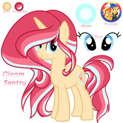 Size: 1280x1280 | Tagged: safe, artist:harmonyvitalityyt, derpibooru import, flash sentry, sunset shimmer, oc, oc:gleam sentry, pony, unicorn, blue eyes, female, flashimmer, full body, horn, male, multicolored mane, multicolored tail, offspring, parent:flash sentry, parent:sunset shimmer, parents:flashimmer, reference sheet, shipping, show accurate, simple background, smiling, solo, standing, straight, tail, transparent background, unicorn oc