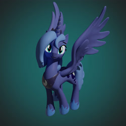 Size: 4000x4000 | Tagged: safe, artist:wissle, derpibooru import, princess luna, alicorn, pony, 3d, blender, female, happy, high res, looking at you, luna day, mare, s1 luna, simple background, smiling, solo, spread wings, wings