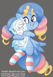 Size: 800x1162 | Tagged: safe, artist:marybellamy, derpibooru import, oc, oc only, alicorn, pony, alicorn oc, blushing, clothes, colored, cuddling, deviantart watermark, happy, horn, hug, obtrusive watermark, pillow, smiling, socks, solo, spread wings, striped socks, watermark, wings, zorilita