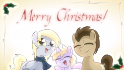 Size: 1920x1080 | Tagged: safe, artist:alfa995, derpibooru import, derpy hooves, dinky hooves, doctor whooves, earth pony, pegasus, pony, unicorn, 2012, christmas, clothes, cute, eyes closed, female, filly, foal, holiday, holly, male, mare, merry christmas, open mouth, scarf, shipping, stallion, trio