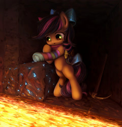 Size: 1296x1350 | Tagged: safe, artist:darkstylerz, derpibooru import, oc, oc only, oc:solar comet, pony, clothes, commission, cute, lava, minecraft, pickaxe, ribbon, socks