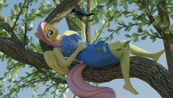 Size: 2560x1440 | Tagged: safe, artist:arcanetesla, derpibooru import, fluttershy, oc, anthro, bird, pegasus, 3d, blender, commission, commissioner:nerothewizard, solo, tree, tree branch