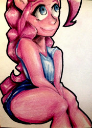 Size: 1939x2694 | Tagged: safe, artist:nolyanimeid, derpibooru import, pinkie pie, anthro, earth pony, pony, clothes, human facial structure, shorts, smiling, solo, traditional art