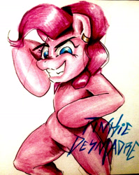 Size: 2185x2745 | Tagged: safe, artist:nolyanimeid, derpibooru import, pinkie pie, anthro, earth pony, pony, semi-anthro, unguligrade anthro, arm hooves, bipedal, female, grin, mare, smiling, solo, traditional art